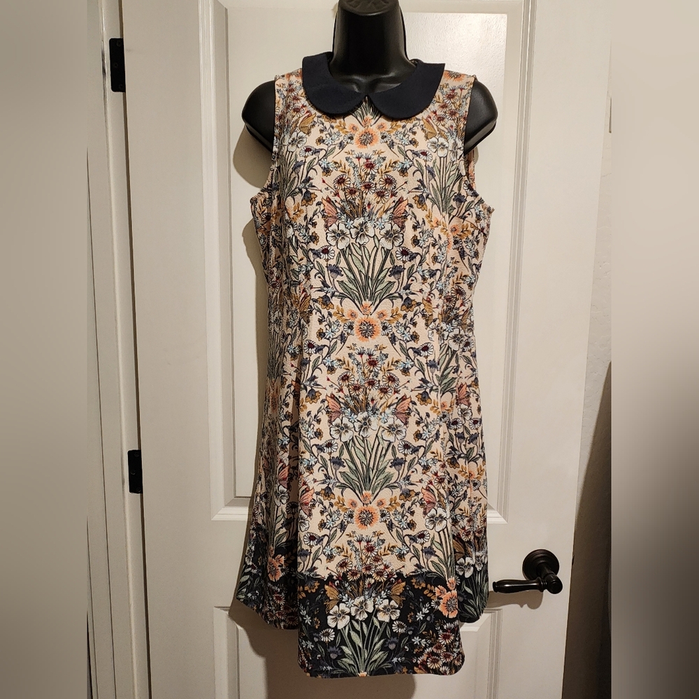 LC Lauren Conrad Cream Floral Midi Dress with Navy Peter Pan Collar